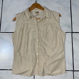 Uniti Casuals; Buttoned White and Cream Stripes Casual Sleeveless Top